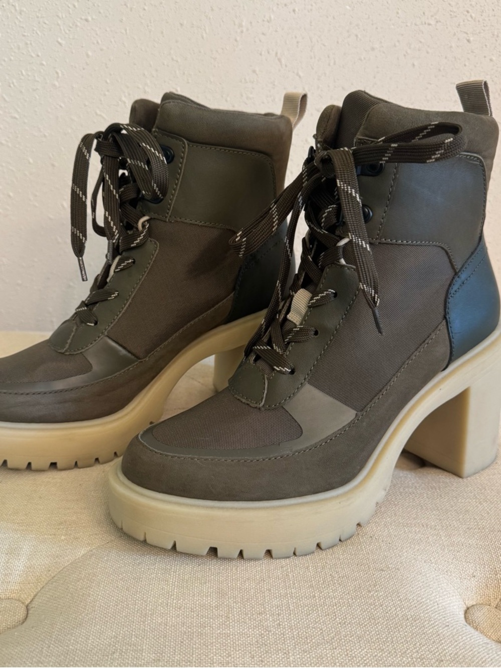 Dolce Collin Olive Nylon Heeled Leather Booties Size 7.5